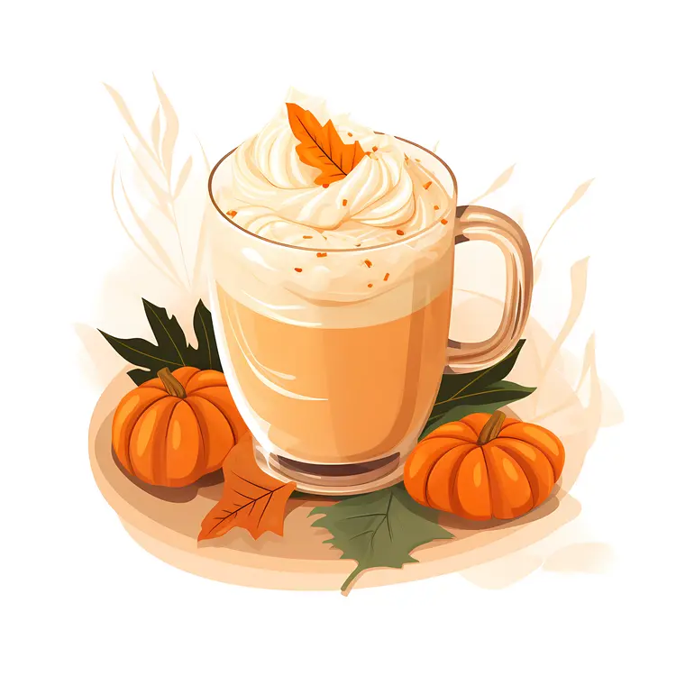 Pumpkin Spice Latte with Whipped Cream and Autumn Leaves