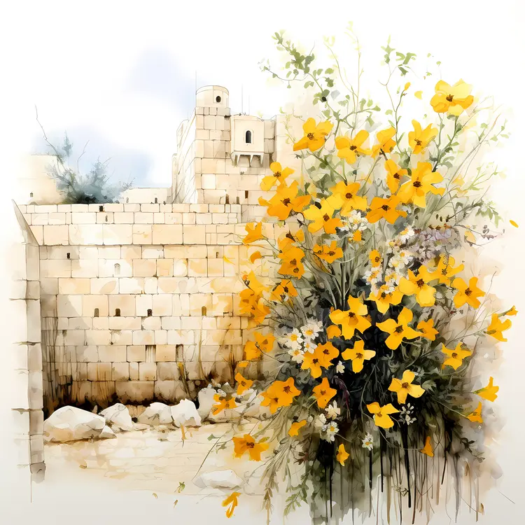 Stone Wall with Yellow Flowers