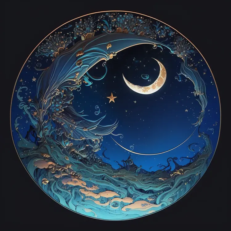 Artistic Moon and Star in Night Sky Illustration