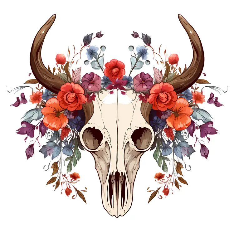Decorative Skull with Antlers and Flowers
