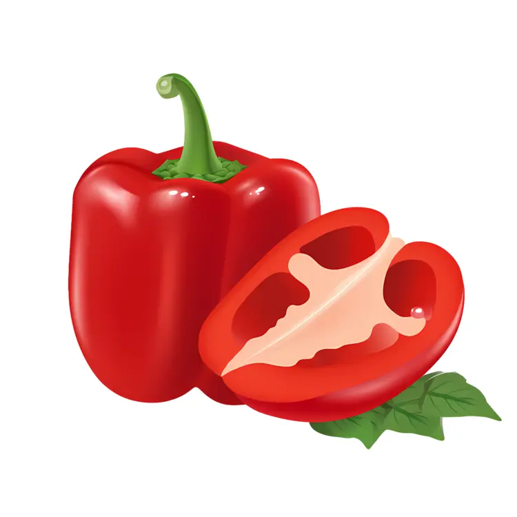 Red Bell Pepper Sliced in Half with Leaf Illustration