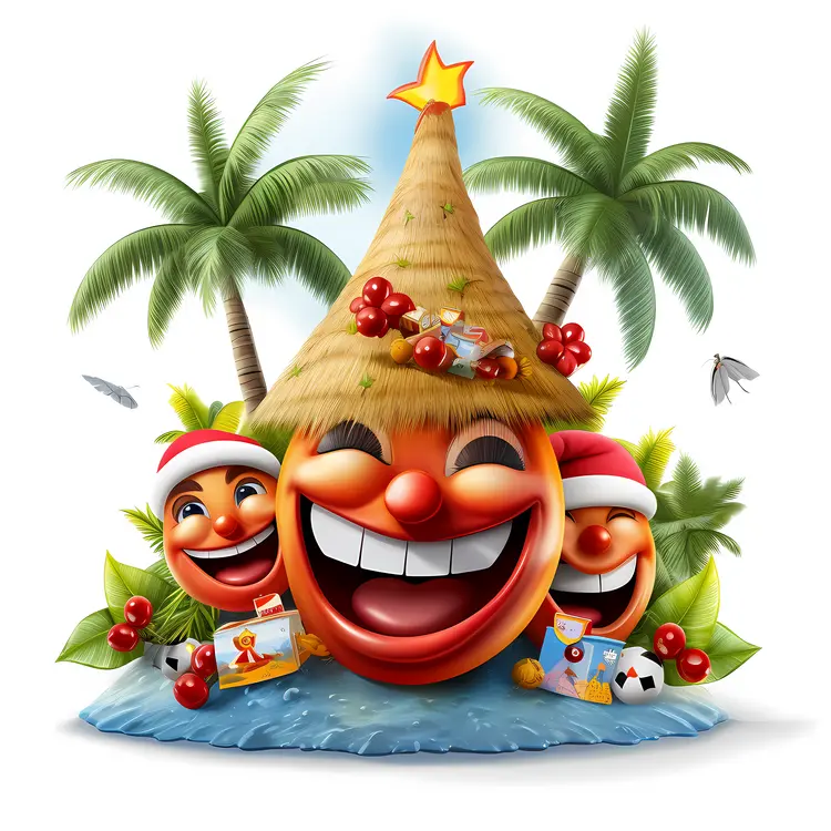 Smiling Faces with Tropical Hut and Palm Trees