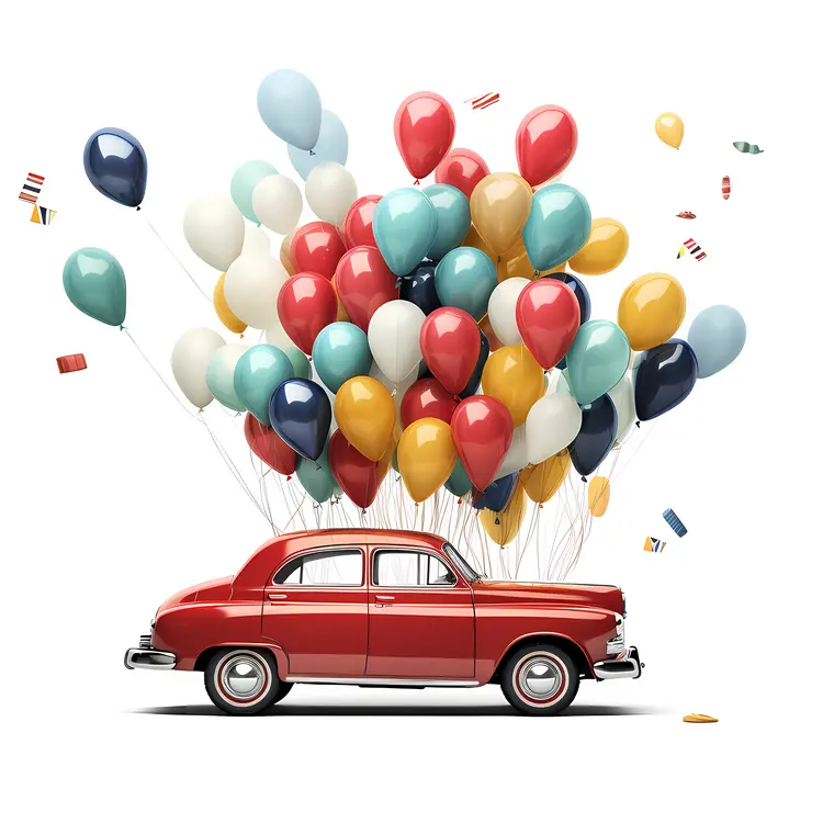 Vintage Red Car with Colorful Balloons for a Festive Celebration