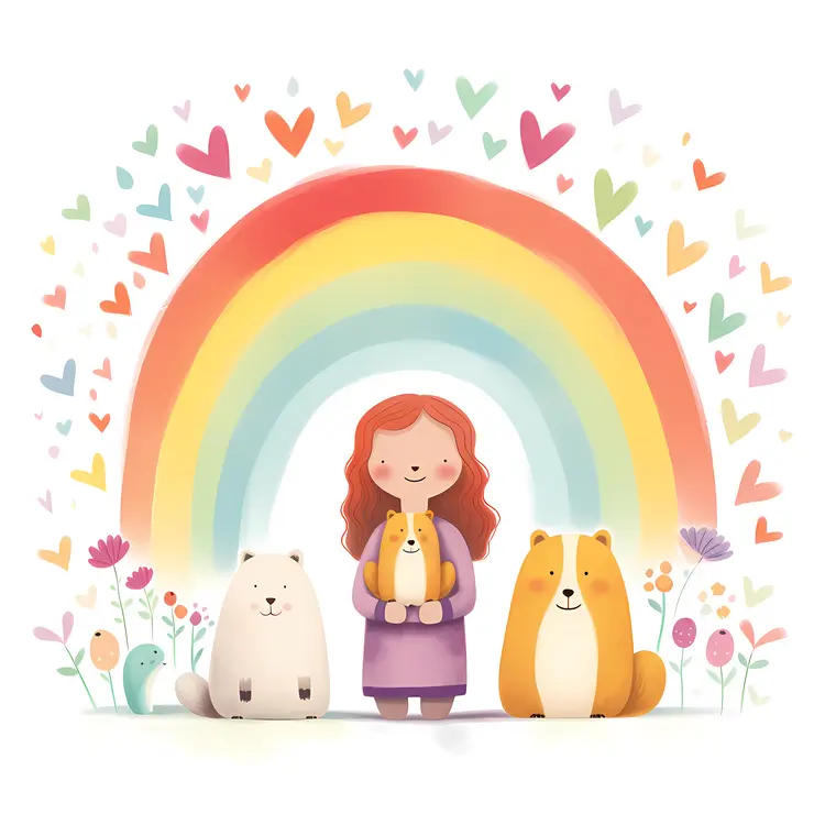 Cute Girl with Pets under a Rainbow