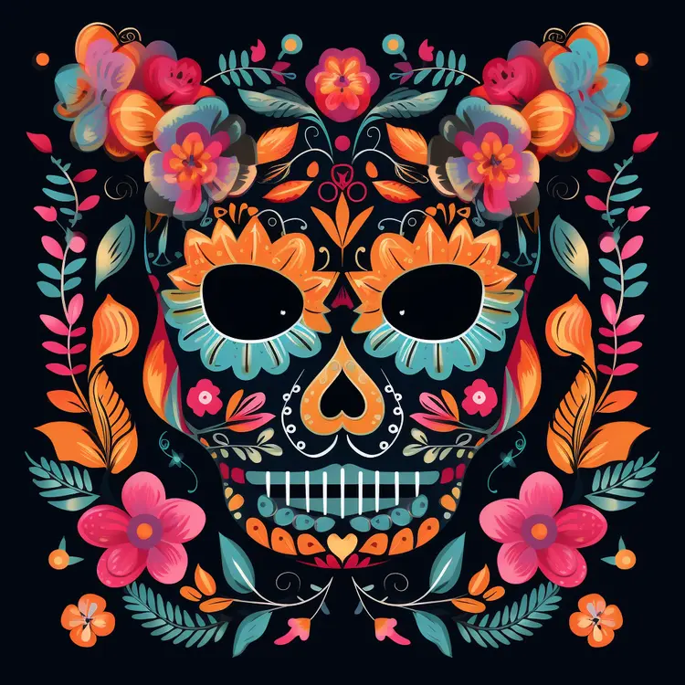 Colorful Sugar Skull with Floral Design for Day of the Dead Celebration