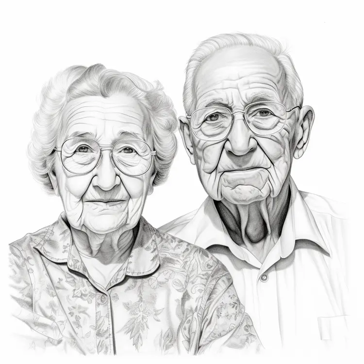Elderly Couple Portrait in Black and White Sketch