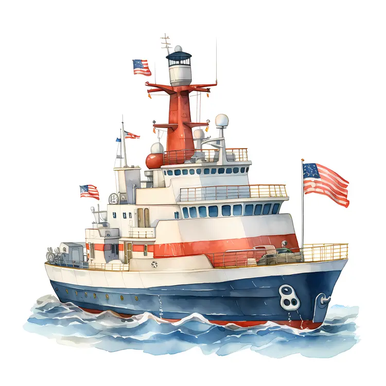 Patriotic Ship with Flags on the Ocean Waves