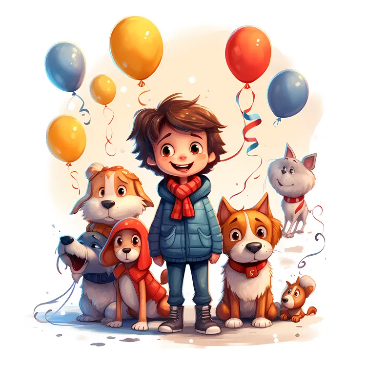 Happy Boy with Pets and Balloons