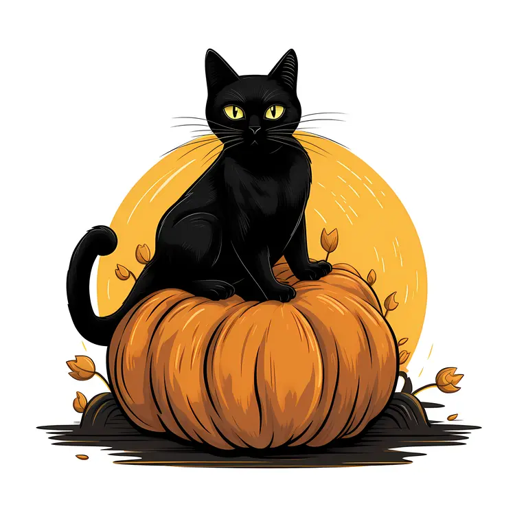 Black Cat on Pumpkin with Autumn Leaves