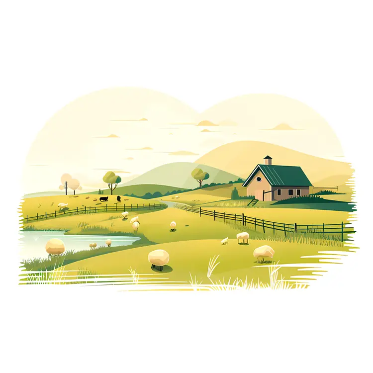 Sheep Grazing by a Pond on a Farm