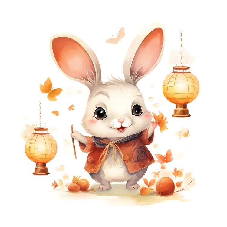 Cute Rabbit with Lanterns and Autumn Decorations