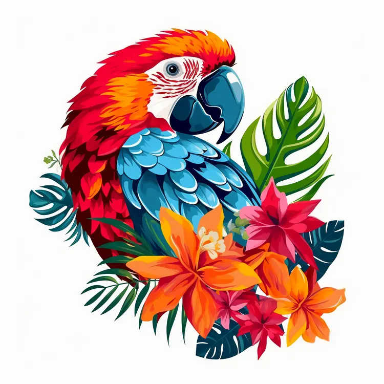 Colorful Parrot with Tropical Flowers and Leaves