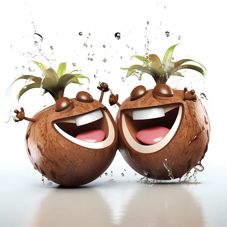 Two Cute Coconut Characters Splashing Water