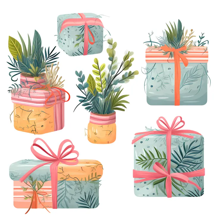 Beautiful Gift Boxes with Plants and Ribbons