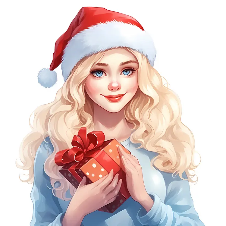 Blonde Girl with Gift in Santa Hat