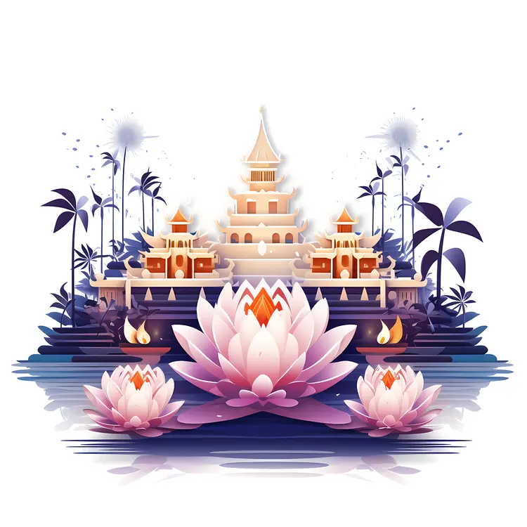 Peaceful Temple with Lotus and Water Reflection