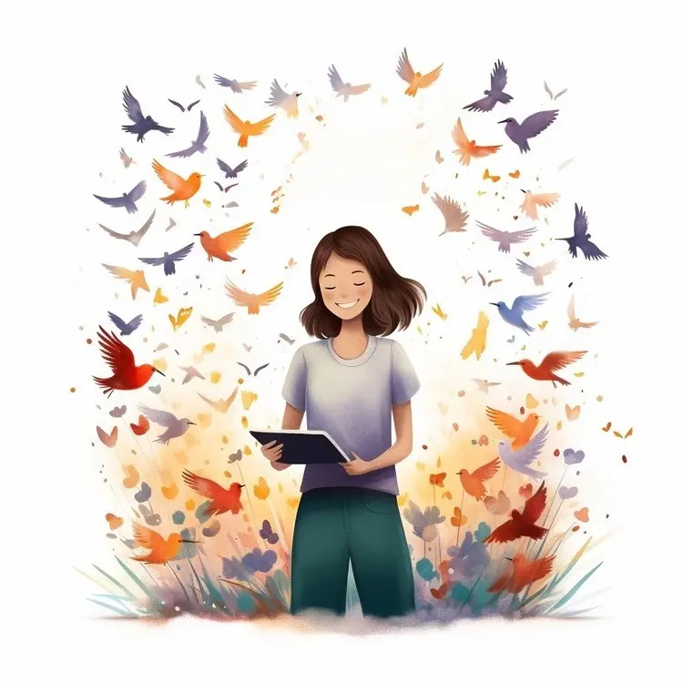 Girl Reading with Birds Flying Around