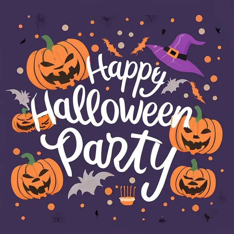 Happy Halloween Party with Pumpkins and Witch Hat