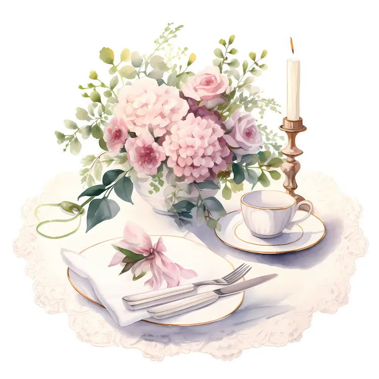 Elegant Tea Table Setting with Flowers and Candle