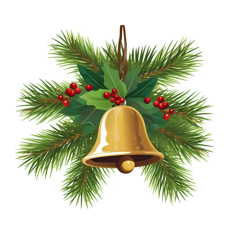Golden Bell with Pine Branches and Red Berries for Christmas