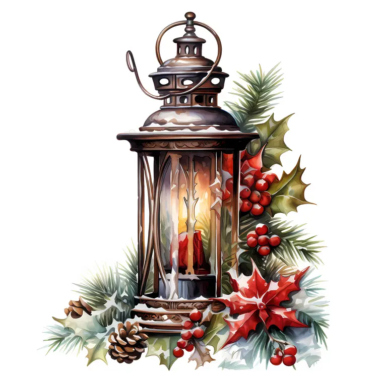 Classic Lantern with Candle and Pinecones for Christmas