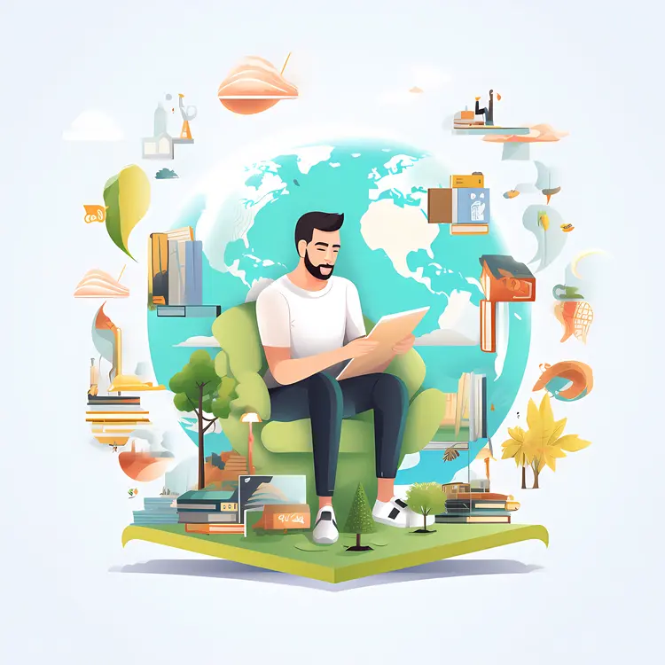 Man Reading with Books and Globe