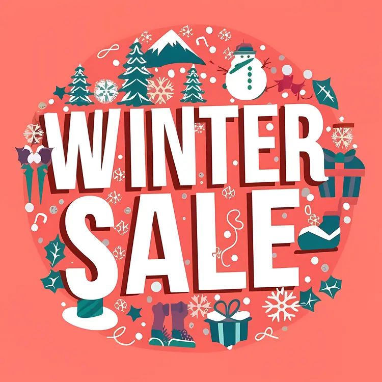 Winter Sale Text with Christmas Icons on Red Background