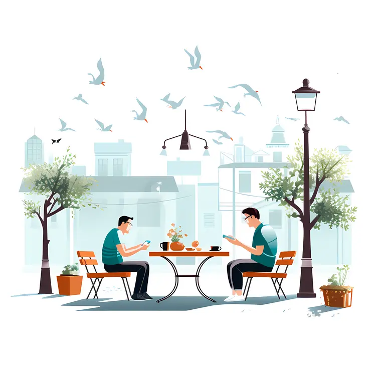 Two Men Dining Outdoors with Birds