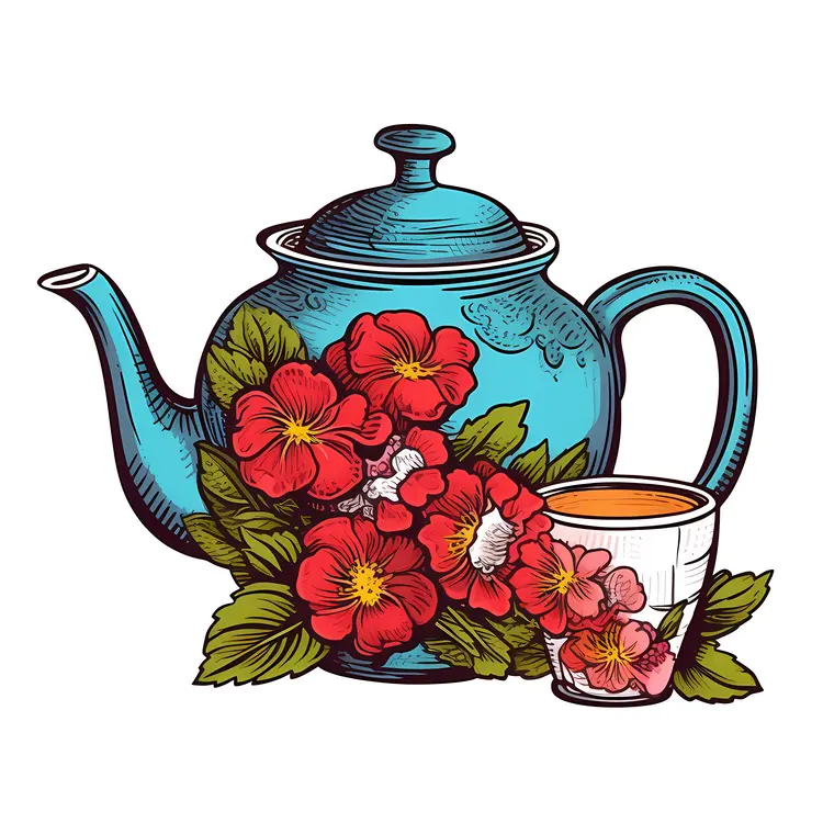 Beautiful Blue Teapot with Flowers and Teacup
