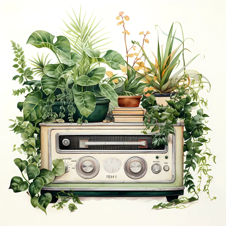 Retro Radio with Green Plants