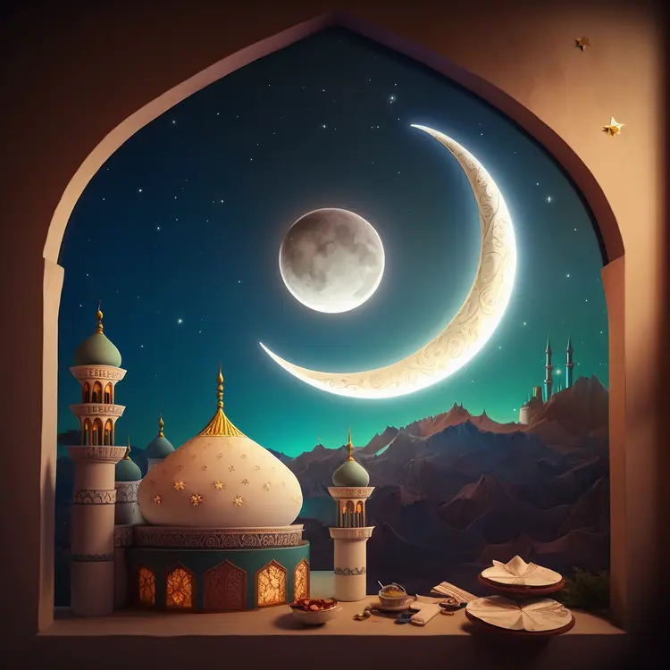 Crescent Moon and Mosque at Night for Ramadan Celebration