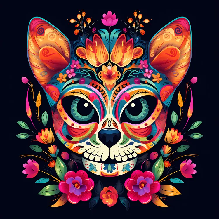 Colorful Cat Illustration for Day of the Dead