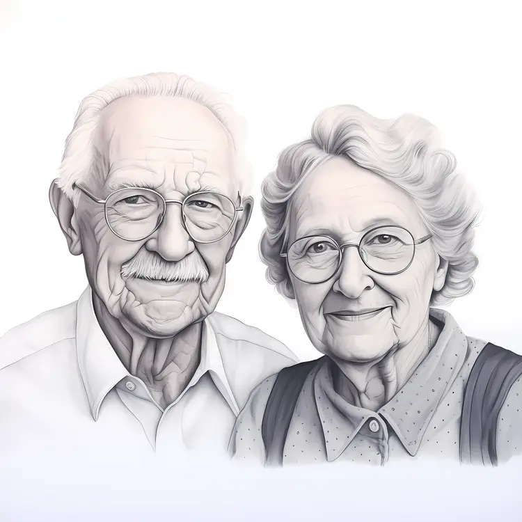 Elderly Couple Portrait in Black and White Drawing