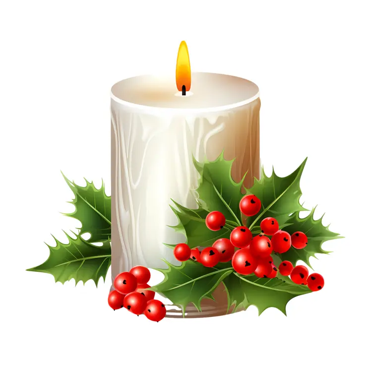 White Candle with Holly Leaves and Red Berries