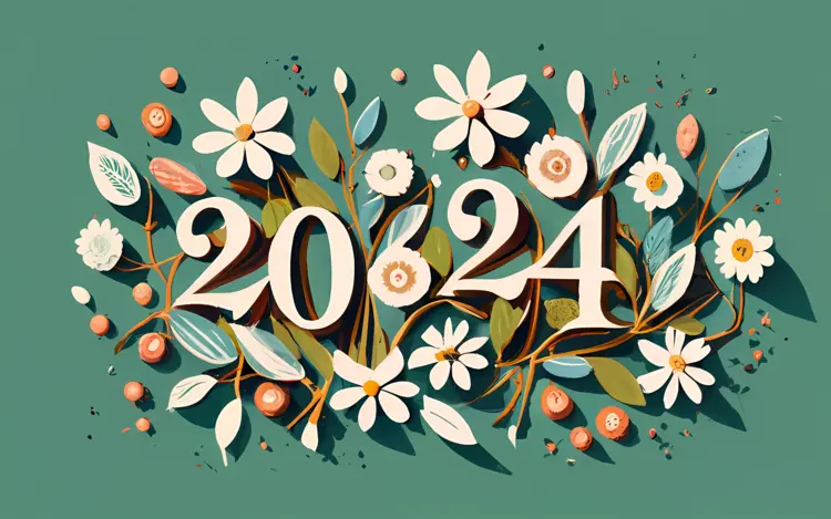 2024 with White Flowers and Leaves