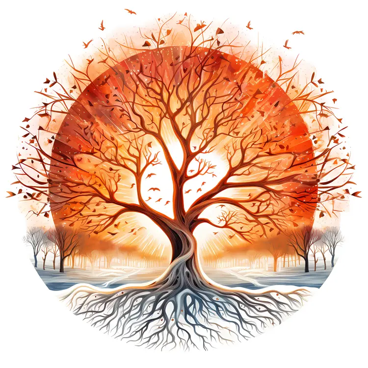 Tree with Roots at Sunset