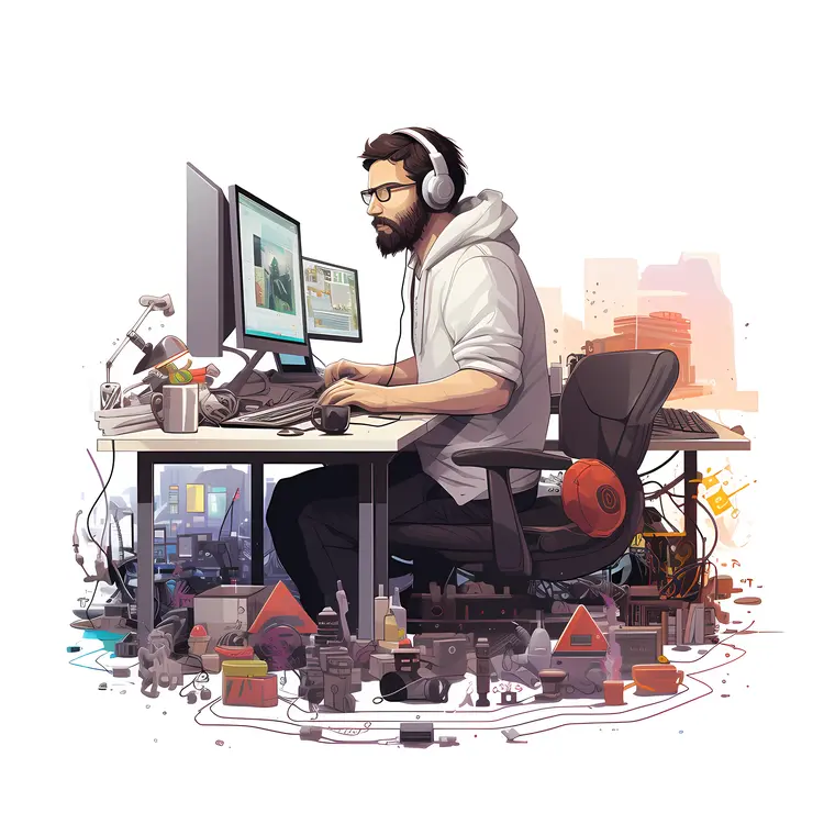 Programmer Working at Desk with Headphones
