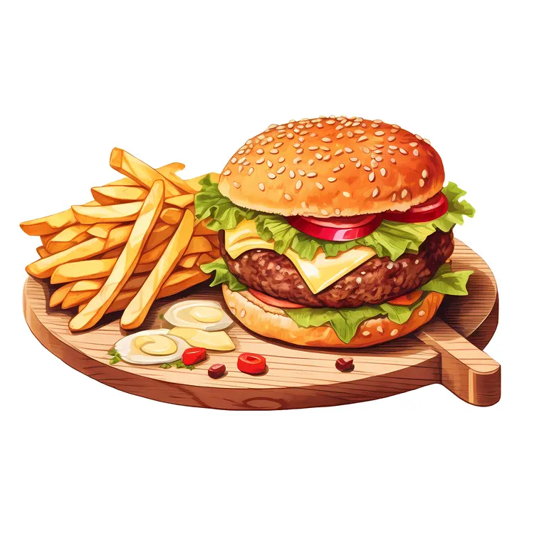 Classic Burger with Fries on Wooden Board