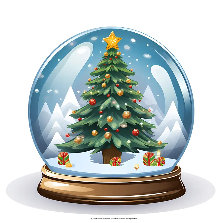 Christmas Tree in Snow Globe with Mountain Background