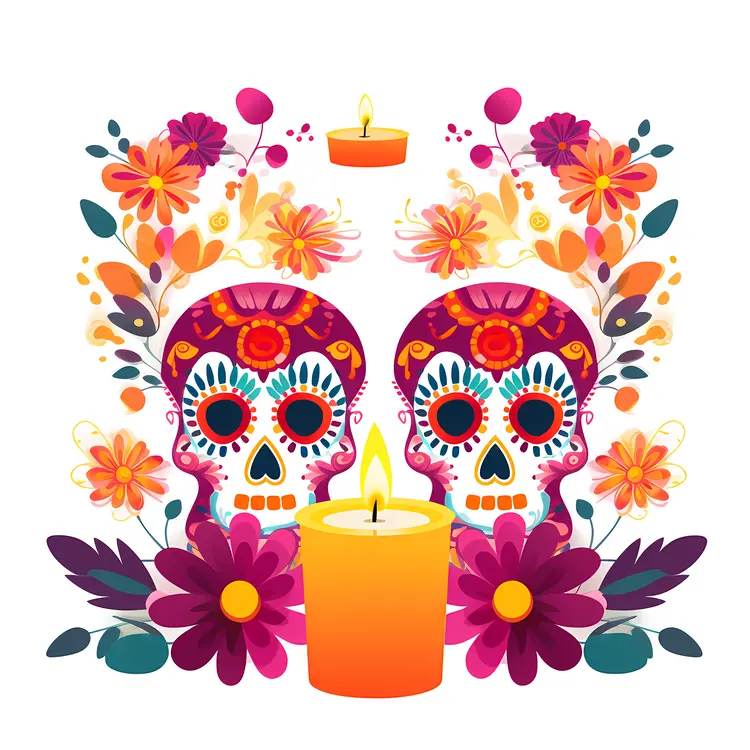 Colorful Sugar Skulls with Candle and Flowers for Day of the Dead