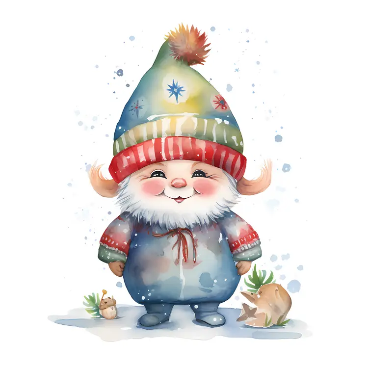 Adorable Gnome with Winter Hat and Snowflakes