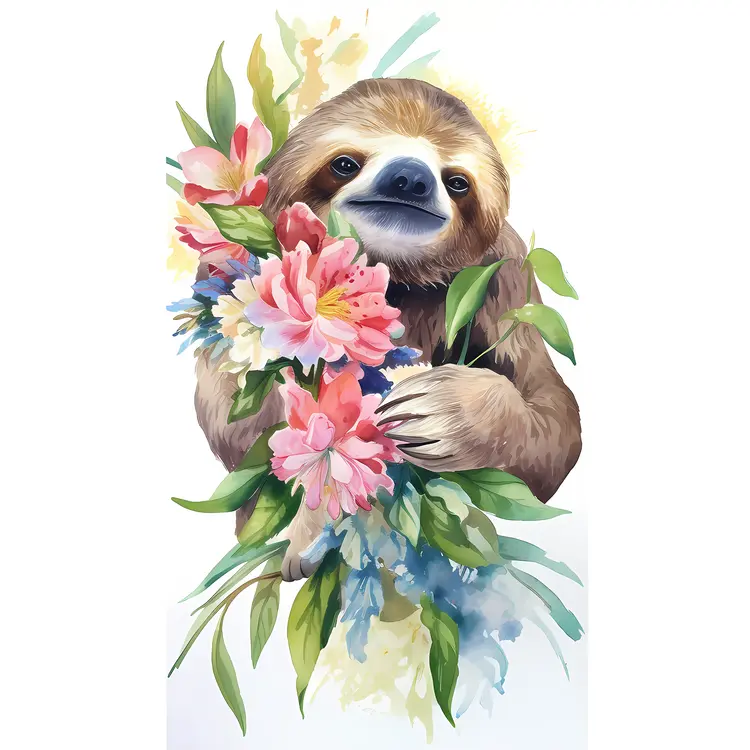 Cute Sloth with Colorful Flowers in Watercolor Style