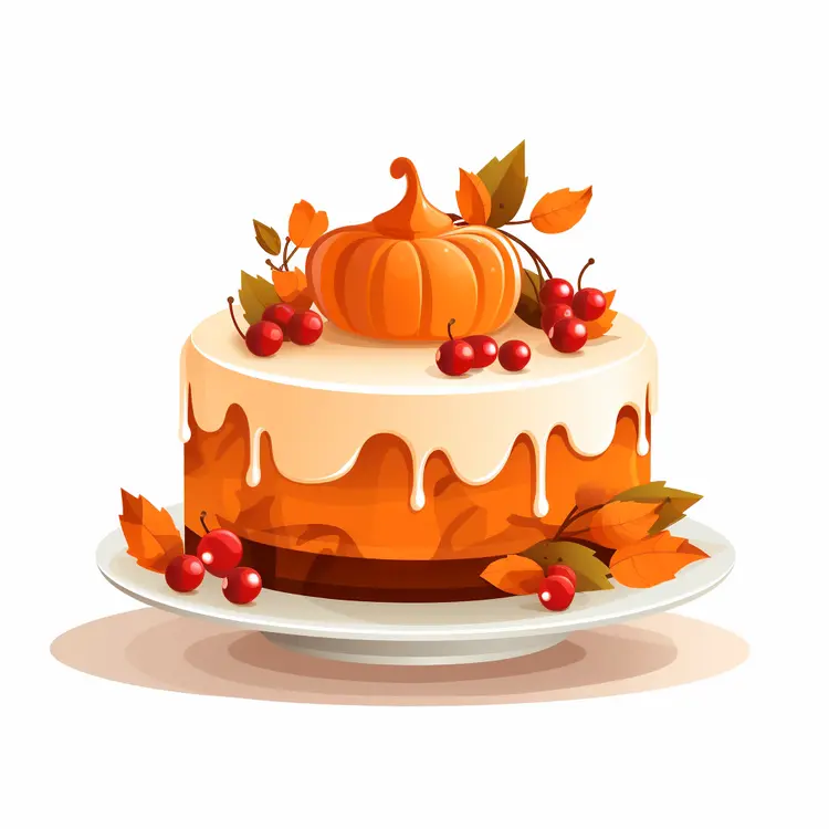 Pumpkin Cake with Berries and Autumn Leaves