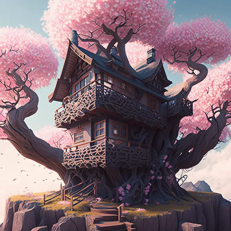 Enchanting Treehouse with Cherry Blossoms