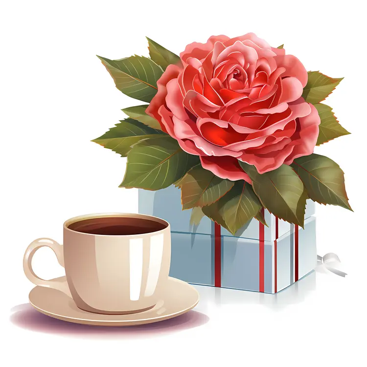 Red Rose and Gift Box with Coffee Cup