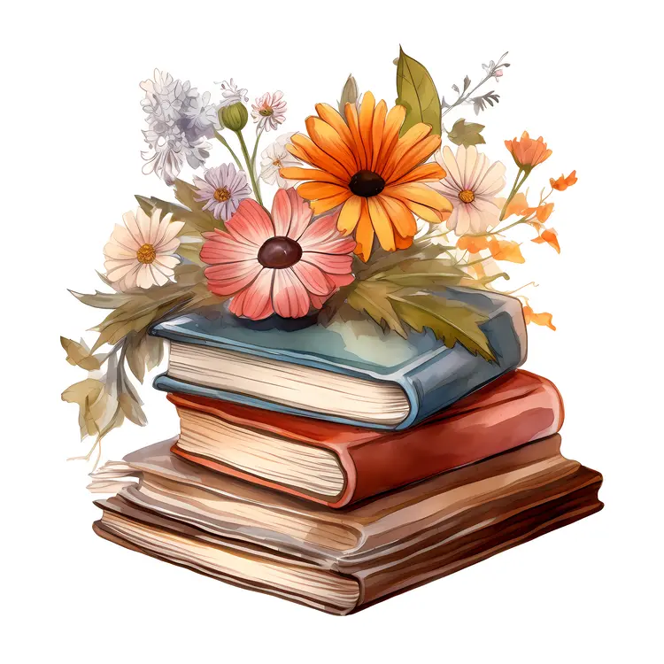 Stack of Books with Colorful Flowers