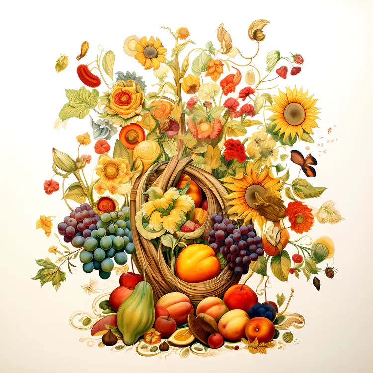 Autumn Harvest Fruit Basket with Grapes and Sunflowers