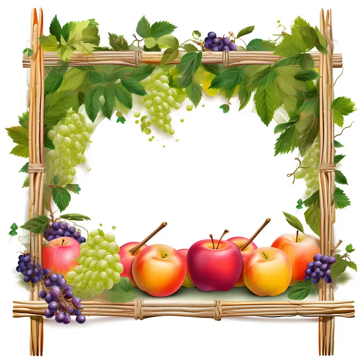 Apples and Grapes in a Wooden Frame