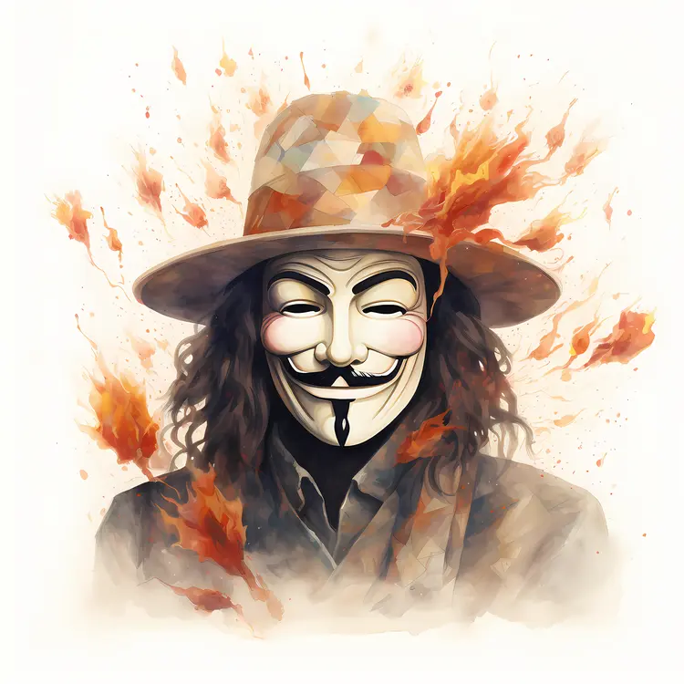 Guy Fawkes Mask with Top Hat and Fire