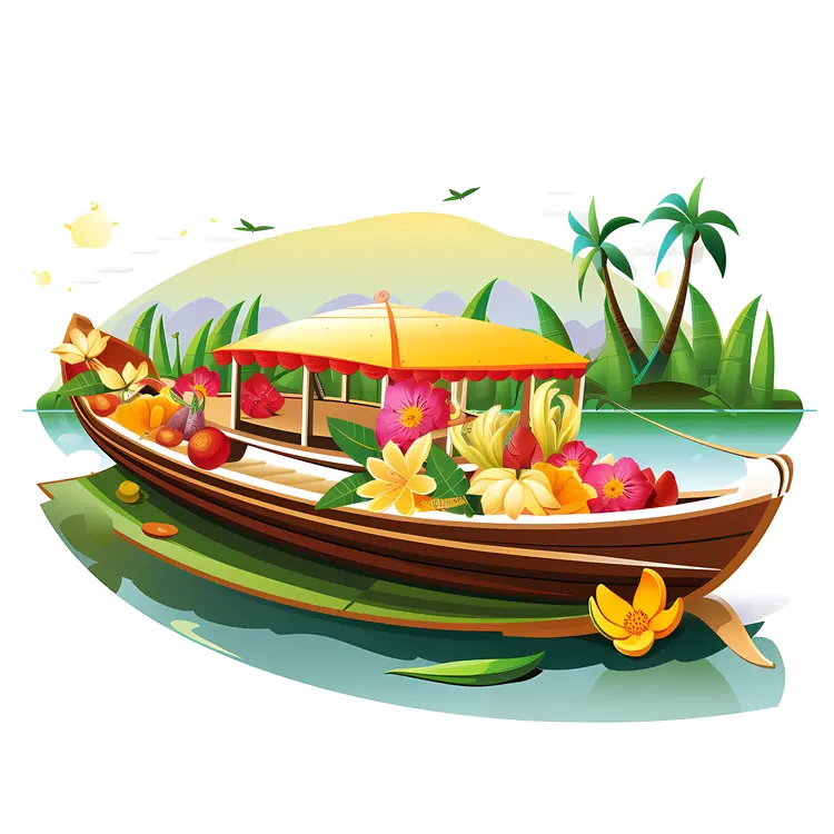 Traditional Boat with Floral Decorations at Sunset